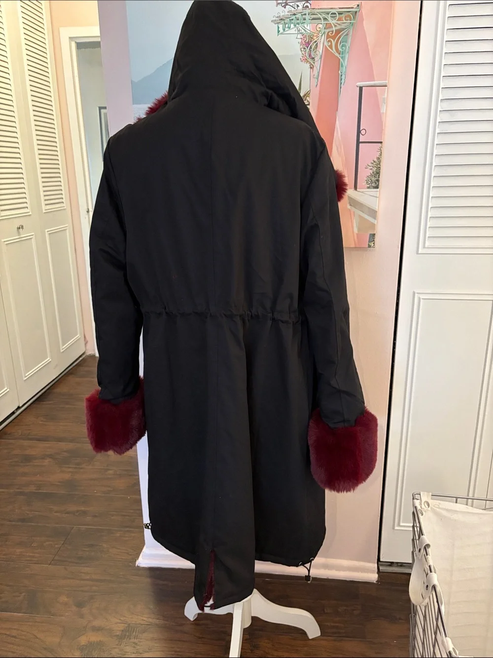 Black Coat with Burgundy Faux Fur Trim - Women Accessories